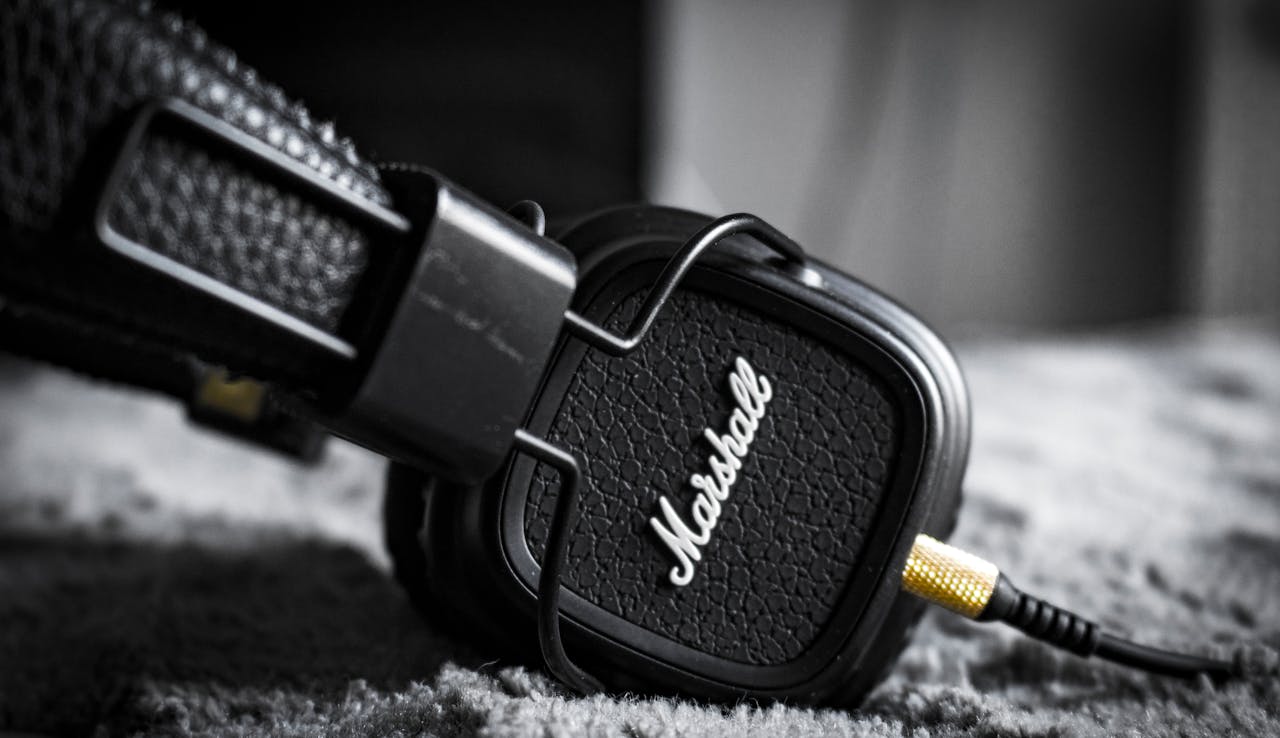 Detailed close-up of Marshall headphones showcasing modern audio technology.